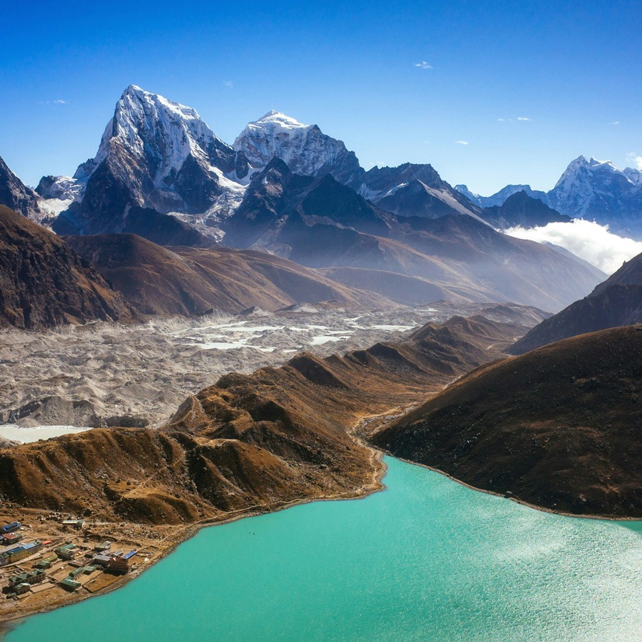 View over lake and mountains in Nepal